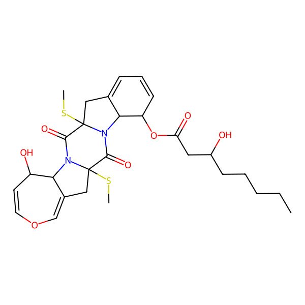 2D Structure of [15-Hydroxy-1,11-bis(methylsulfanyl)-2,12-dioxo-18-oxa-3,13-diazapentacyclo[11.8.0.03,11.04,9.014,20]henicosa-6,8,16,19-tetraen-5-yl] 3-hydroxyoctanoate