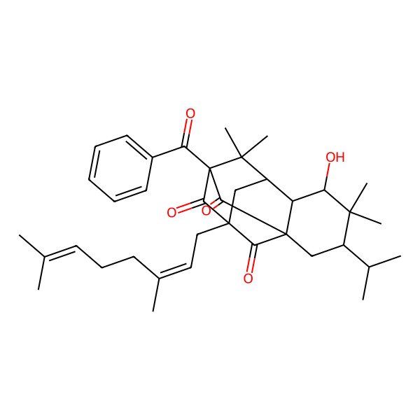 2D Structure of (3R,5R,6S,7R,9R,11S)-9-benzoyl-11-(3,7-dimethylocta-2,6-dienyl)-5-hydroxy-4,4,8,8-tetramethyl-3-propan-2-yltetracyclo[7.3.1.17,11.01,6]tetradecane-10,12,13-trione