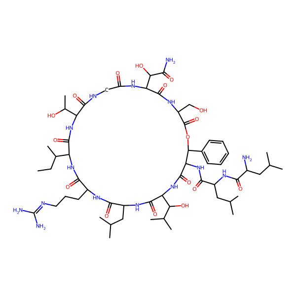 2D Structure of (2R)-2-amino-N-[(2S)-1-[[(3S,6S,12S,15S,18R,21S,24S,27S)-6-[(1S)-2-amino-1-hydroxy-2-oxoethyl]-15-[(2S)-butan-2-yl]-18-[3-(diaminomethylideneamino)propyl]-12-[(1S)-1-hydroxyethyl]-3-(hydroxymethyl)-24-[(1R)-1-hydroxy-2-methylpropyl]-21-(2-methylpropyl)-2,5,8,11,14,17,20,23,26-nonaoxo-28-phenyl-1-oxa-4,7,10,13,16,19,22,25-octazacyclooctacos-27-yl]amino]-4-methyl-1-oxopentan-2-yl]-4-methylpentanamide