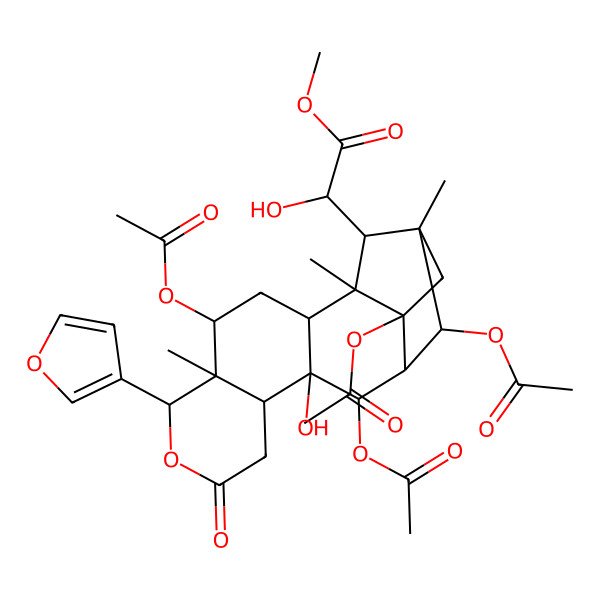 2D Structure of Methyl 2-hydroxy-2-[4,12,14,17-tetraacetyloxy-6-(furan-3-yl)-11-hydroxy-1,5,15-trimethyl-8-oxo-7-oxapentacyclo[13.2.1.02,11.05,10.013,17]octadecan-18-yl]acetate