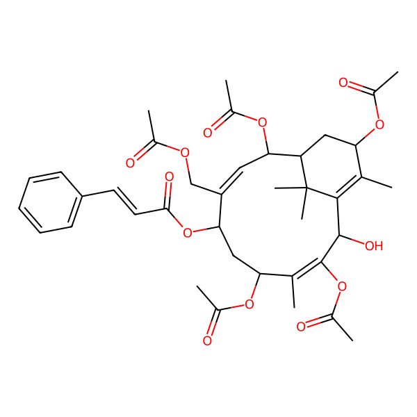 2D Structure of [(1R,2S,3E,5S,7S,8Z,10R,13S)-2,7,9,13-tetraacetyloxy-4-(acetyloxymethyl)-10-hydroxy-8,12,15,15-tetramethyl-5-bicyclo[9.3.1]pentadeca-3,8,11-trienyl] (E)-3-phenylprop-2-enoate