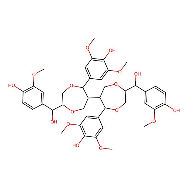 2D Structure of 4-[(2S,5S,6S)-6-[(2S,5R,6R)-5-(4-hydroxy-3,5-dimethoxyphenyl)-2-[(R)-hydroxy-(4-hydroxy-3-methoxyphenyl)methyl]-1,4-dioxepan-6-yl]-2-[(R)-hydroxy-(4-hydroxy-3-methoxyphenyl)methyl]-1,4-dioxepan-5-yl]-2,6-dimethoxyphenol