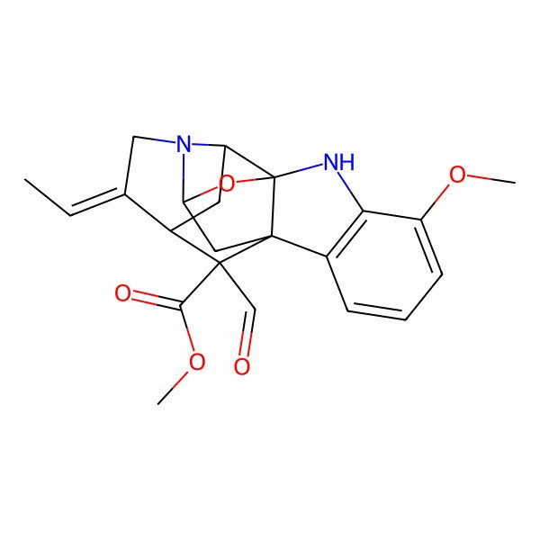 2D Structure of methyl (1R,9S,11S,14Z,15S,19R)-14-ethylidene-19-formyl-4-methoxy-18-oxa-2,12-diazahexacyclo[9.6.1.19,15.01,9.03,8.012,17]nonadeca-3(8),4,6-triene-19-carboxylate