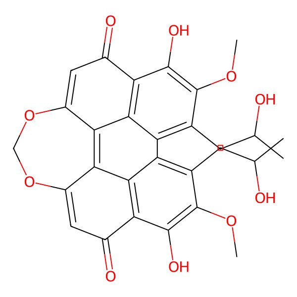 2D Structure of 7,19-dihydroxy-5-(2-hydroxypropyl)-21-[(2R)-2-hydroxypropyl]-6,20-dimethoxy-12,14-dioxahexacyclo[13.8.0.02,11.03,8.04,22.018,23]tricosa-1,3(8),4,6,10,15,18(23),19,21-nonaene-9,17-dione