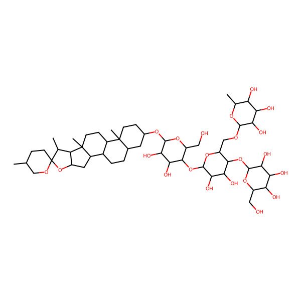 2D Structure of 2-[[6-[4,5-Dihydroxy-2-(hydroxymethyl)-6-(5',7,9,13-tetramethylspiro[5-oxapentacyclo[10.8.0.02,9.04,8.013,18]icosane-6,2'-oxane]-16-yl)oxyoxan-3-yl]oxy-4,5-dihydroxy-3-[3,4,5-trihydroxy-6-(hydroxymethyl)oxan-2-yl]oxyoxan-2-yl]methoxy]-6-methyloxane-3,4,5-triol