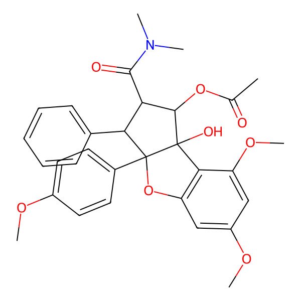 2D Structure of [2-(dimethylcarbamoyl)-8b-hydroxy-6,8-dimethoxy-3a-(4-methoxyphenyl)-3-phenyl-2,3-dihydro-1H-cyclopenta[b][1]benzofuran-1-yl] acetate