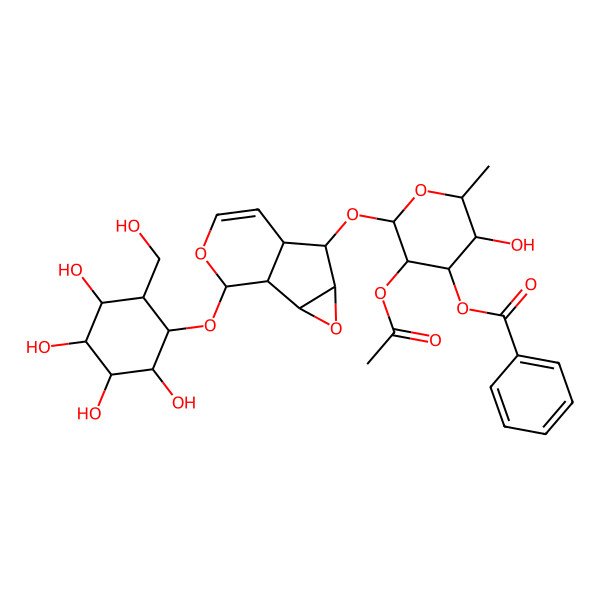 2D Structure of [(2S,3S,4R,5R,6S)-5-acetyloxy-3-hydroxy-2-methyl-6-[[(1R,2R,4R,5S,6S,10S)-10-[(1R,2R,3S,4R,5S,6R)-2,3,4,5-tetrahydroxy-6-(hydroxymethyl)cyclohexyl]oxy-3,9-dioxatricyclo[4.4.0.02,4]dec-7-en-5-yl]oxy]oxan-4-yl] benzoate