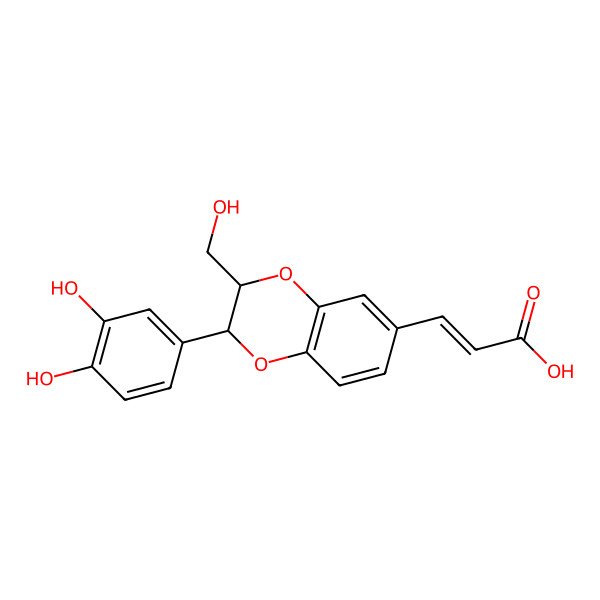 2D Structure of (E)-3-[(2R,3S)-2-(3,4-dihydroxyphenyl)-3-(hydroxymethyl)-2,3-dihydro-1,4-benzodioxin-6-yl]prop-2-enoic acid