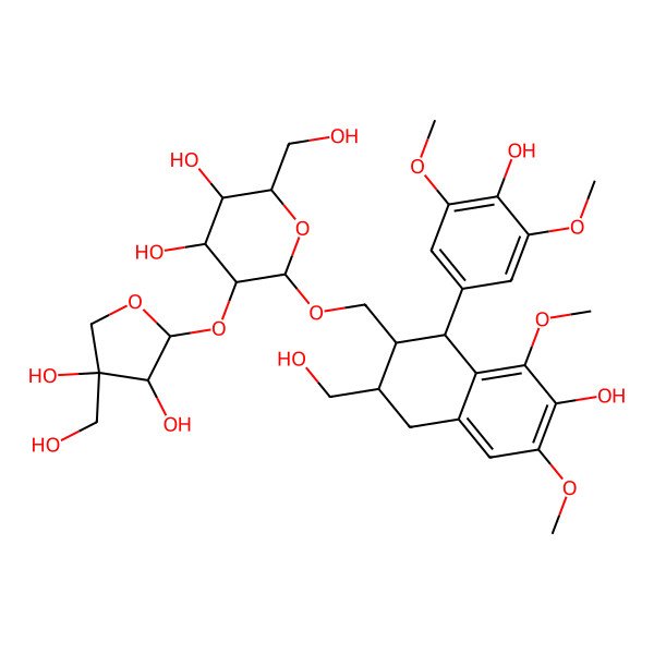 2D Structure of (2R,3S,4S,5R,6R)-5-[(2S,3R,4R)-3,4-dihydroxy-4-(hydroxymethyl)oxolan-2-yl]oxy-6-[[(1S,2R,3R)-7-hydroxy-1-(4-hydroxy-3,5-dimethoxyphenyl)-3-(hydroxymethyl)-6,8-dimethoxy-1,2,3,4-tetrahydronaphthalen-2-yl]methoxy]-2-(hydroxymethyl)oxane-3,4-diol