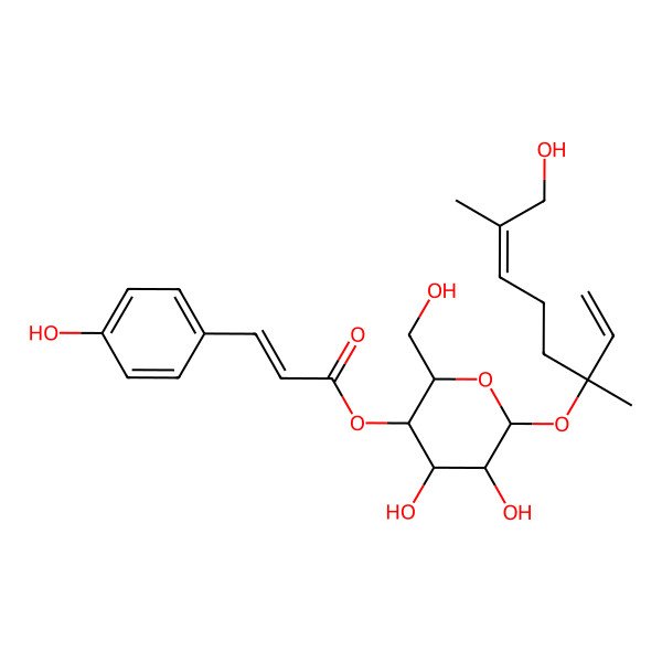 2D Structure of [(2R,3S,4R,5R,6S)-4,5-dihydroxy-6-[(3S,6E)-8-hydroxy-3,7-dimethylocta-1,6-dien-3-yl]oxy-2-(hydroxymethyl)oxan-3-yl] (E)-3-(4-hydroxyphenyl)prop-2-enoate