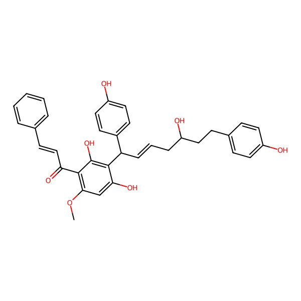 2D Structure of (E)-1-[2,4-dihydroxy-3-[(E)-5-hydroxy-1,7-bis(4-hydroxyphenyl)hept-2-enyl]-6-methoxyphenyl]-3-phenylprop-2-en-1-one