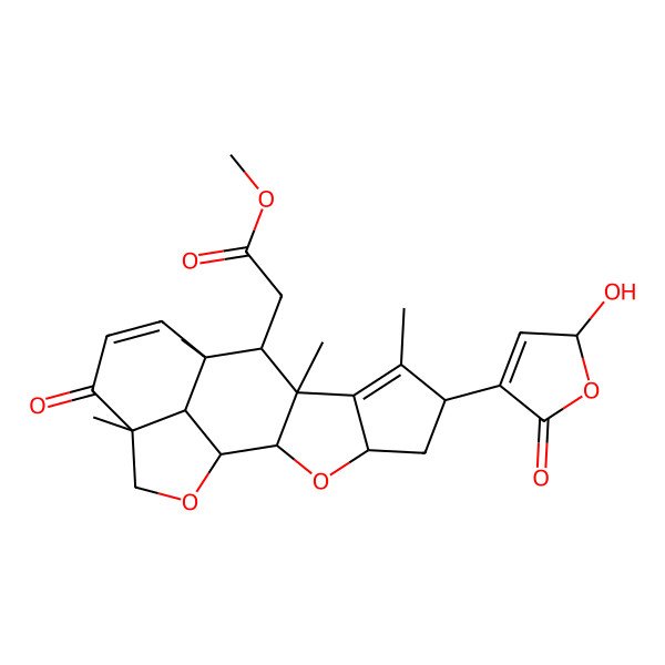 2D Structure of methyl 2-[(1S,2S,4R,6R,9R,10R,11R,15R,18R)-6-[(2S)-2-hydroxy-5-oxo-2H-furan-4-yl]-7,9,11,15-tetramethyl-14-oxo-3,17-dioxapentacyclo[9.6.1.02,9.04,8.015,18]octadeca-7,12-dien-10-yl]acetate