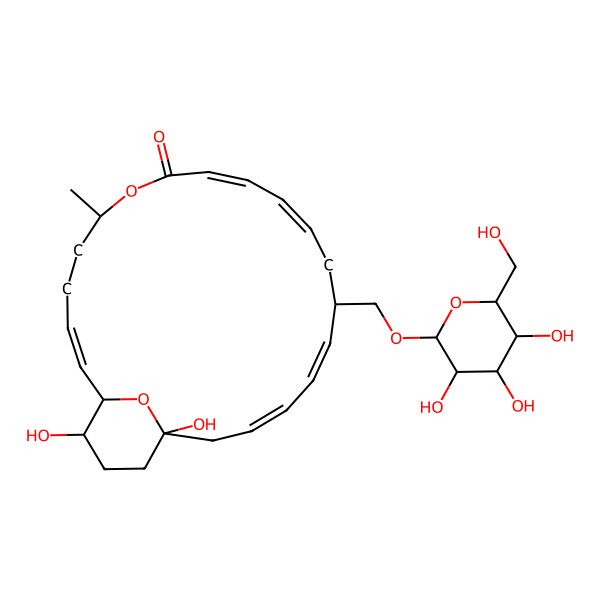 2D Structure of (1S,2Z,9Z,11Z,14R,15Z,17Z,20S,23S)-20,23-dihydroxy-6-methyl-14-[[(2R,3R,4S,5S,6R)-3,4,5-trihydroxy-6-(hydroxymethyl)oxan-2-yl]oxymethyl]-7,24-dioxabicyclo[18.3.1]tetracosa-2,9,11,15,17-pentaen-8-one