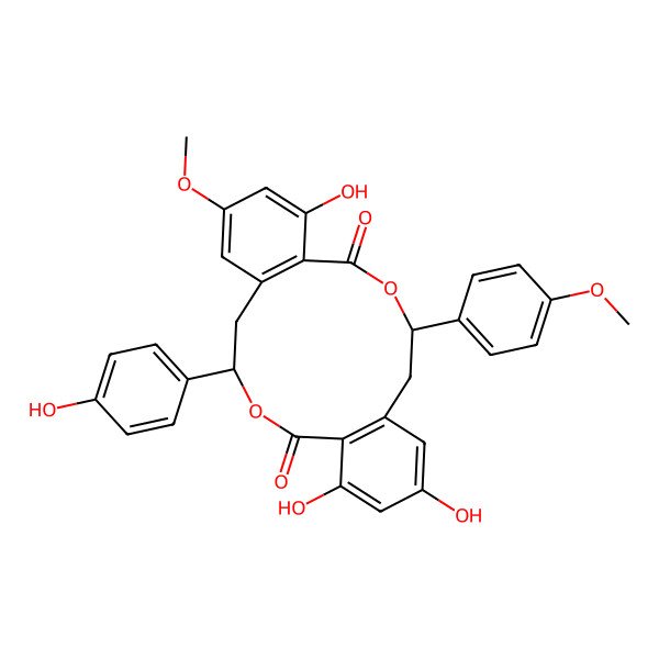 2D Structure of 10,18,20-Trihydroxy-4-(4-hydroxyphenyl)-8-methoxy-14-(4-methoxyphenyl)-3,13-dioxatricyclo[14.4.0.06,11]icosa-1(16),6(11),7,9,17,19-hexaene-2,12-dione