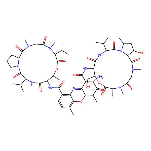 2D Structure of 2-amino-1-N-[(3R,6R,7S,10R,16S,17S,19R)-17-hydroxy-7-(hydroxymethyl)-10,11,14,19-tetramethyl-2,5,9,12,15-pentaoxo-3-propan-2-yl-8-oxa-1,4,11,14-tetrazabicyclo[14.3.0]nonadecan-6-yl]-4,6-dimethyl-3-oxo-9-N-[(3R,6R,7S,10S,16R)-7,11,14-trimethyl-2,5,9,12,15-pentaoxo-3,10-di(propan-2-yl)-8-oxa-1,4,11,14-tetrazabicyclo[14.3.0]nonadecan-6-yl]phenoxazine-1,9-dicarboxamide