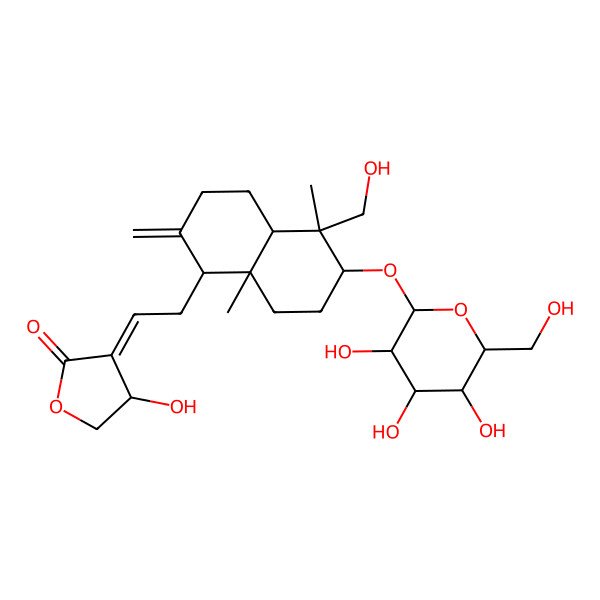 2D Structure of (3E,4S)-3-[2-[(1R,4aS,5R,6R,8aR)-5-(hydroxymethyl)-5,8a-dimethyl-2-methylidene-6-[(2R,3R,4S,5S,6R)-3,4,5-trihydroxy-6-(hydroxymethyl)oxan-2-yl]oxy-3,4,4a,6,7,8-hexahydro-1H-naphthalen-1-yl]ethylidene]-4-hydroxyoxolan-2-one