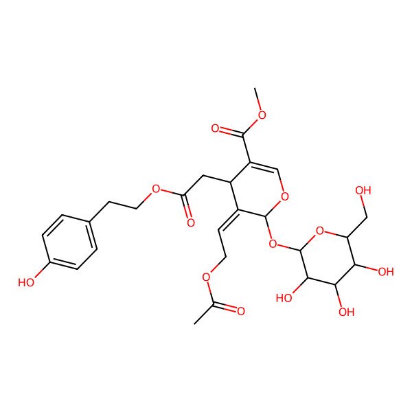 2D Structure of methyl (4S,5E,6S)-5-(2-acetyloxyethylidene)-4-[2-[2-(4-hydroxyphenyl)ethoxy]-2-oxoethyl]-6-[(2S,3S,4S,5S,6S)-3,4,5-trihydroxy-6-(hydroxymethyl)oxan-2-yl]oxy-4H-pyran-3-carboxylate