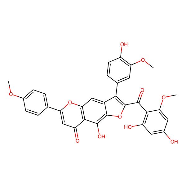 2D Structure of 2-(2,4-Dihydroxy-6-methoxy-benzoyl)-9-hydroxy-3-(4-hydroxy-3-methoxy-phenyl)-6-(4-methoxy-phenyl)-1,5-dioxa-cyclopenta[b]naphthalen-8-one