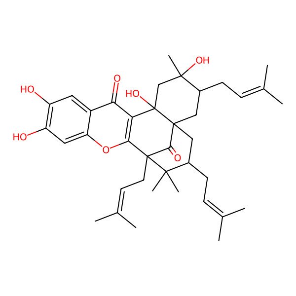 2D Structure of 4,6,11,12-Tetrahydroxy-4,18,18-trimethyl-3,17,19-tris(3-methylbut-2-enyl)-15-oxapentacyclo[15.3.1.01,6.07,16.09,14]henicosa-7(16),9,11,13-tetraene-8,21-dione