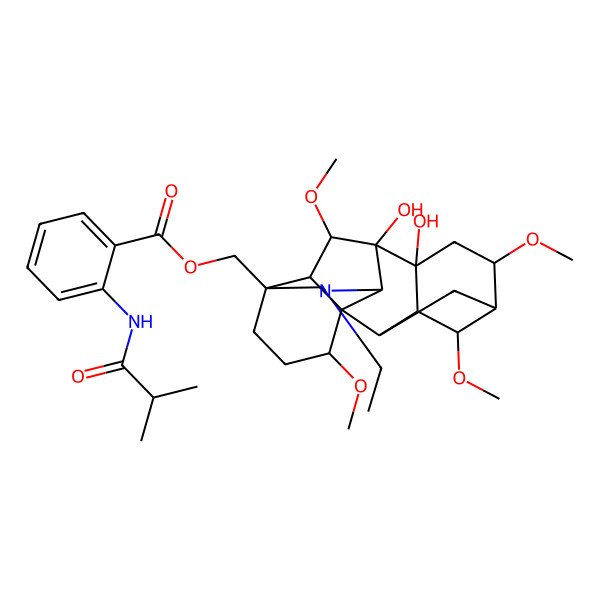 2D Structure of [(1S,2R,3R,4S,5R,6S,8R,9S,10S,13S,16S,17R,18S)-11-ethyl-8,9-dihydroxy-4,6,16,18-tetramethoxy-11-azahexacyclo[7.7.2.12,5.01,10.03,8.013,17]nonadecan-13-yl]methyl 2-(2-methylpropanoylamino)benzoate