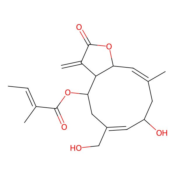2D Structure of [(3aR,4R,6Z,8R,10Z,11aR)-8-hydroxy-6-(hydroxymethyl)-10-methyl-3-methylidene-2-oxo-3a,4,5,8,9,11a-hexahydrocyclodeca[b]furan-4-yl] (Z)-2-methylbut-2-enoate