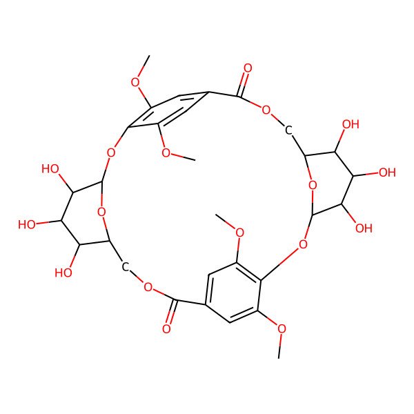 2D Structure of (3S,4R,5S,6S,7R,16S,17R,18S,19S,20R)-4,5,6,17,18,19-hexahydroxy-13,26,27,30-tetramethoxy-2,9,15,22,29,32-hexaoxapentacyclo[22.2.2.211,14.13,7.116,20]dotriaconta-1(27),11(31),12,14(30),24(28),25-hexaene-10,23-dione