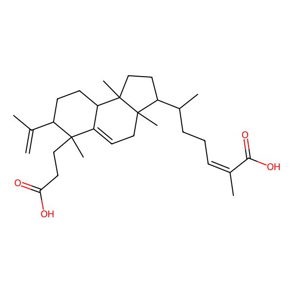 2D Structure of (E,6S)-6-[(3R,3aR,6S,7S,9aS,9bS)-6-(2-carboxyethyl)-3a,6,9b-trimethyl-7-prop-1-en-2-yl-1,2,3,4,7,8,9,9a-octahydrocyclopenta[a]naphthalen-3-yl]-2-methylhept-2-enoic acid