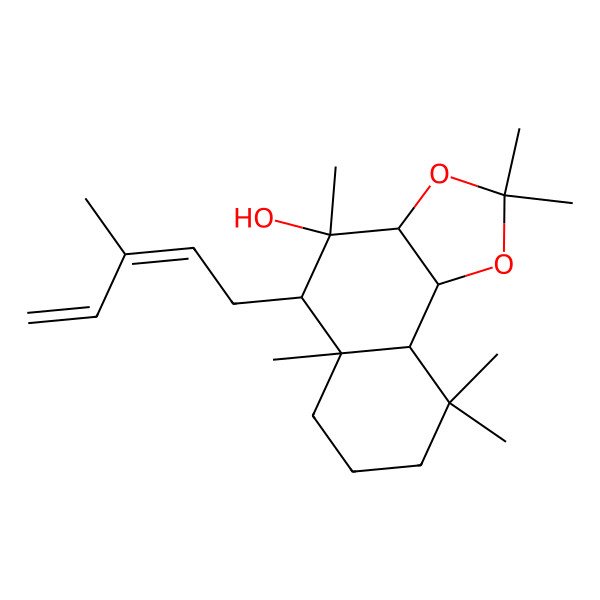 2D Structure of (3aR,4R,5S,5aR,9aR,9bS)-2,2,4,5a,9,9-hexamethyl-5-[(2E)-3-methylpenta-2,4-dienyl]-5,6,7,8,9a,9b-hexahydro-3aH-naphtho[1,2-d][1,3]dioxol-4-ol