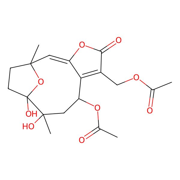 2D Structure of [(1R,10R,11S)-8-acetyloxy-10,11-dihydroxy-1,10-dimethyl-5-oxo-4,14-dioxatricyclo[9.2.1.03,7]tetradeca-2,6-dien-6-yl]methyl acetate