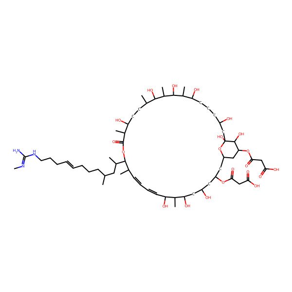 2D Structure of 3-[[(10Z,12E)-35-(2-carboxyacetyl)oxy-5,7,9,19,23,25,27,31,33,34-decahydroxy-8,14,18,22,24,26-hexamethyl-15-[(E)-4-methyl-12-[(N'-methylcarbamimidoyl)amino]dodec-8-en-2-yl]-17-oxo-16,37-dioxabicyclo[31.3.1]heptatriaconta-10,12-dien-3-yl]oxy]-3-oxopropanoic acid