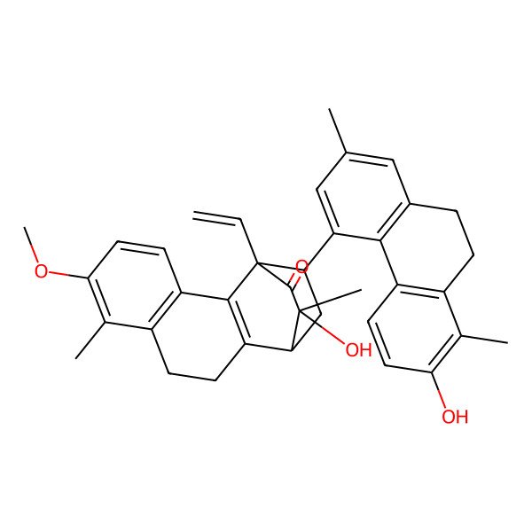2D Structure of (1R,12S,13S,15R)-1-ethenyl-13-hydroxy-15-(7-hydroxy-2,8-dimethyl-9,10-dihydrophenanthren-4-yl)-6-methoxy-7,13-dimethyltetracyclo[10.2.2.02,11.03,8]hexadeca-2(11),3(8),4,6-tetraen-14-one