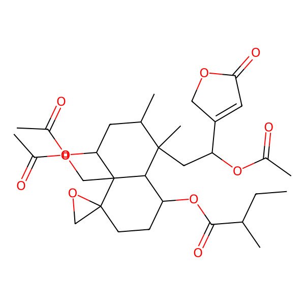 2D Structure of [(1R,4R,4aR,5S,7R,8S,8aR)-5-acetyloxy-4a-(acetyloxymethyl)-8-[(2S)-2-acetyloxy-2-(5-oxo-2H-furan-3-yl)ethyl]-7,8-dimethylspiro[2,3,5,6,7,8a-hexahydro-1H-naphthalene-4,2'-oxirane]-1-yl] (2S)-2-methylbutanoate