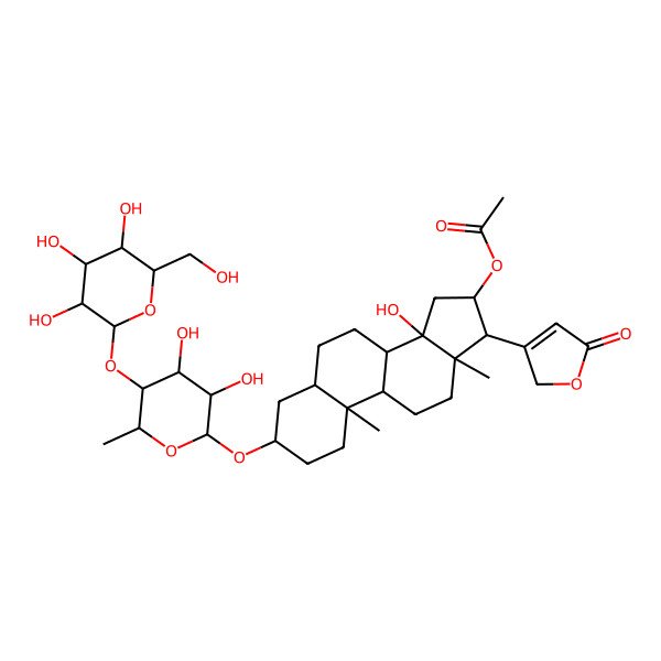 2D Structure of [3-[3,4-dihydroxy-6-methyl-5-[3,4,5-trihydroxy-6-(hydroxymethyl)oxan-2-yl]oxyoxan-2-yl]oxy-14-hydroxy-10,13-dimethyl-17-(5-oxo-2H-furan-3-yl)-1,2,3,4,5,6,7,8,9,11,12,15,16,17-tetradecahydrocyclopenta[a]phenanthren-16-yl] acetate