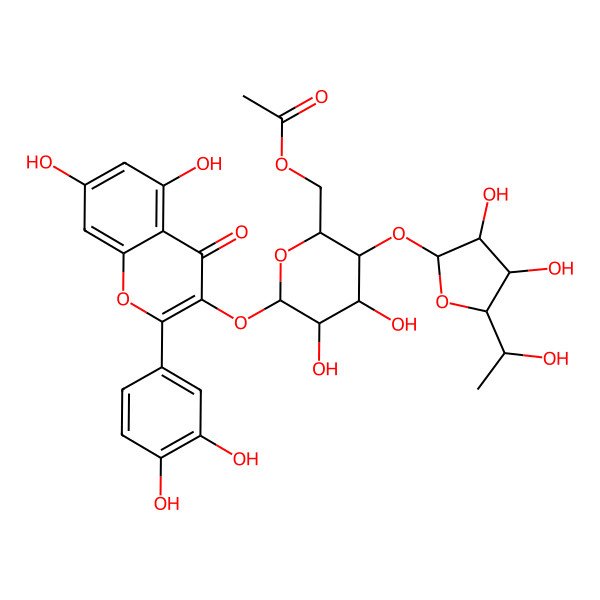 2D Structure of [(2R,3S,4R,5R,6S)-3-[(2S,3R,4S,5S)-3,4-dihydroxy-5-[(1S)-1-hydroxyethyl]oxolan-2-yl]oxy-6-[2-(3,4-dihydroxyphenyl)-5,7-dihydroxy-4-oxochromen-3-yl]oxy-4,5-dihydroxyoxan-2-yl]methyl acetate