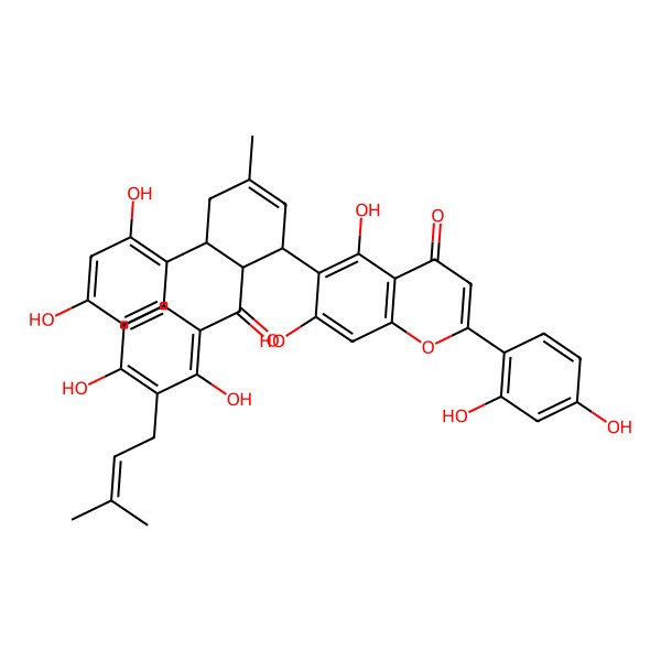 2D Structure of 6-[(1S,5S,6R)-6-[2,4-dihydroxy-3-(3-methylbut-2-enyl)benzoyl]-5-(2,4-dihydroxyphenyl)-3-methylcyclohex-2-en-1-yl]-2-(2,4-dihydroxyphenyl)-5,7-dihydroxychromen-4-one