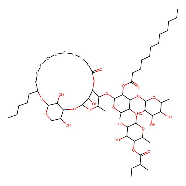 2D Structure of [(2S,3R,4R,5S,6S)-5-[(2S,3R,4S,5R,6S)-3,4-dihydroxy-6-methyl-5-[(2S)-2-methylbutanoyl]oxyoxan-2-yl]oxy-6-methyl-4-[(2S,3R,4R,5R,6S)-3,4,5-trihydroxy-6-methyloxan-2-yl]oxy-2-[[(1S,3S,5S,6S,7S,19S,21S,24R,25R,26R)-24,25,26-trihydroxy-5-methyl-9-oxo-19-pentyl-2,4,8,20,22-pentaoxatricyclo[19.3.1.13,7]hexacosan-6-yl]oxy]oxan-3-yl] dodecanoate