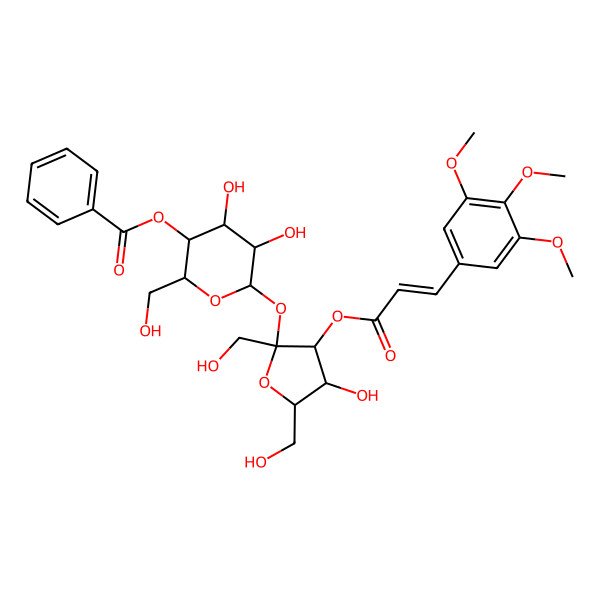 2D Structure of [(2R,3S,4R,5R,6R)-4,5-dihydroxy-6-[(2S,3S,4R,5R)-4-hydroxy-2,5-bis(hydroxymethyl)-3-[(E)-3-(3,4,5-trimethoxyphenyl)prop-2-enoyl]oxyoxolan-2-yl]oxy-2-(hydroxymethyl)oxan-3-yl] benzoate