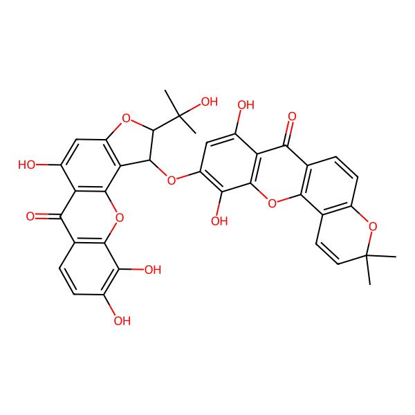2D Structure of 8,11-dihydroxy-3,3-dimethyl-10-[[(1S,2R)-5,9,10-trihydroxy-2-(2-hydroxypropan-2-yl)-6-oxo-1,2-dihydrofuro[2,3-c]xanthen-1-yl]oxy]pyrano[2,3-c]xanthen-7-one