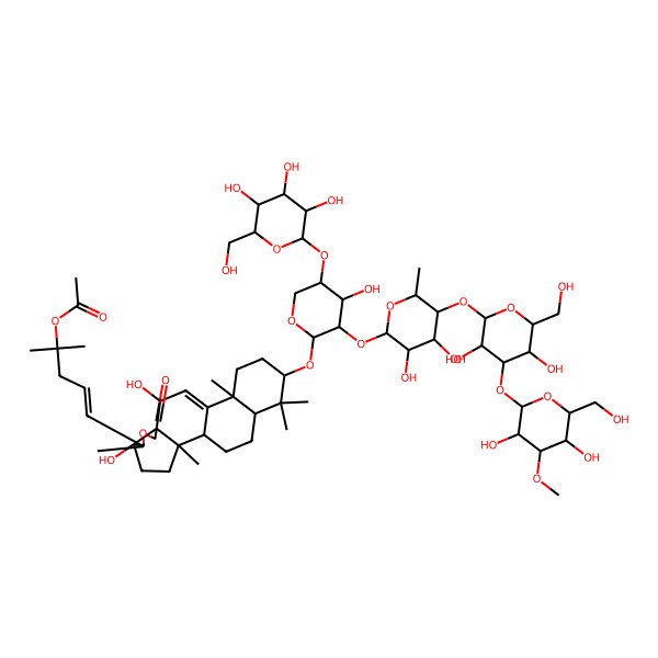 2D Structure of [(E)-5-[(1R,2S,5R,6S,9S,10S,13S,16S,18R)-16-[(2S,3R,4S,5R)-3-[(2S,3R,4R,5S,6R)-5-[(2S,3R,4S,5R,6R)-4-[(2S,3R,4S,5R,6R)-3,5-dihydroxy-6-(hydroxymethyl)-4-methoxyoxan-2-yl]oxy-3,5-dihydroxy-6-(hydroxymethyl)oxan-2-yl]oxy-3,4-dihydroxy-6-methyloxan-2-yl]oxy-4-hydroxy-5-[(2S,3R,4S,5S,6R)-3,4,5-trihydroxy-6-(hydroxymethyl)oxan-2-yl]oxyoxan-2-yl]oxy-5,10-dihydroxy-2,6,13,17,17-pentamethyl-8-oxo-7-oxapentacyclo[10.8.0.02,9.05,9.013,18]icos-11-en-6-yl]-2-methylpent-4-en-2-yl] acetate