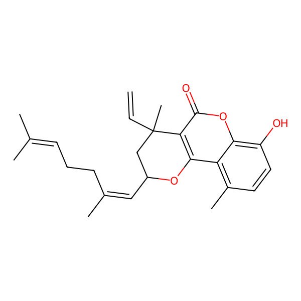 2D Structure of (2S,4R)-2-[(1E)-2,6-dimethylhepta-1,5-dienyl]-4-ethenyl-7-hydroxy-4,10-dimethyl-2,3-dihydropyrano[3,2-c]chromen-5-one