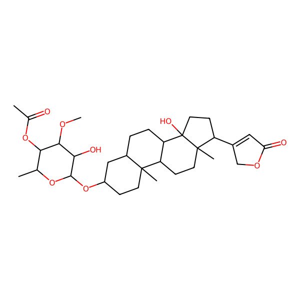 2D Structure of [5-hydroxy-6-[[14-hydroxy-10,13-dimethyl-17-(5-oxo-2H-furan-3-yl)-1,2,3,4,5,6,7,8,9,11,12,15,16,17-tetradecahydrocyclopenta[a]phenanthren-3-yl]oxy]-4-methoxy-2-methyloxan-3-yl] acetate