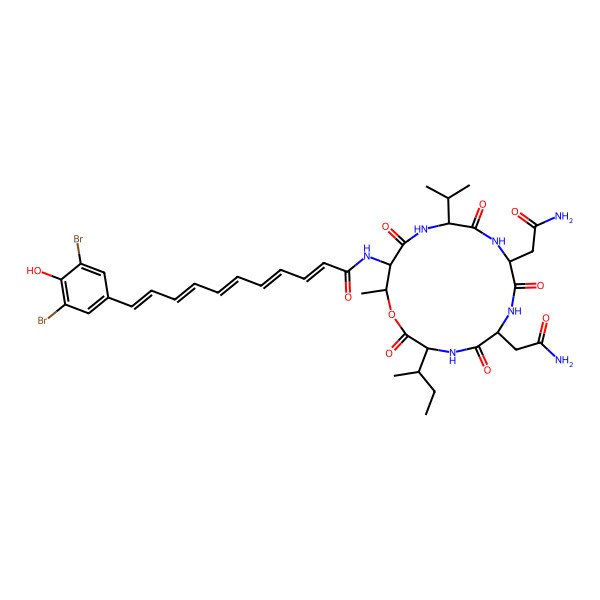 2D Structure of (2E,4E,6E,8E,10E)-N-[(3S,6S,9S,12S,15S,16R)-6,9-bis(2-amino-2-oxoethyl)-3-[(2R)-butan-2-yl]-16-methyl-2,5,8,11,14-pentaoxo-12-propan-2-yl-1-oxa-4,7,10,13-tetrazacyclohexadec-15-yl]-11-(3,5-dibromo-4-hydroxyphenyl)undeca-2,4,6,8,10-pentaenamide