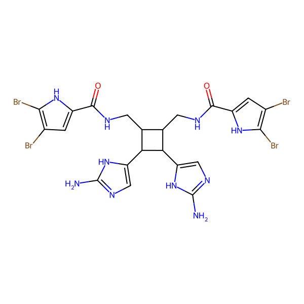 2D Structure of N-[[2,3-bis(2-amino-1H-imidazol-5-yl)-4-[[(4,5-dibromo-1H-pyrrole-2-carbonyl)amino]methyl]cyclobutyl]methyl]-4,5-dibromo-1H-pyrrole-2-carboxamide