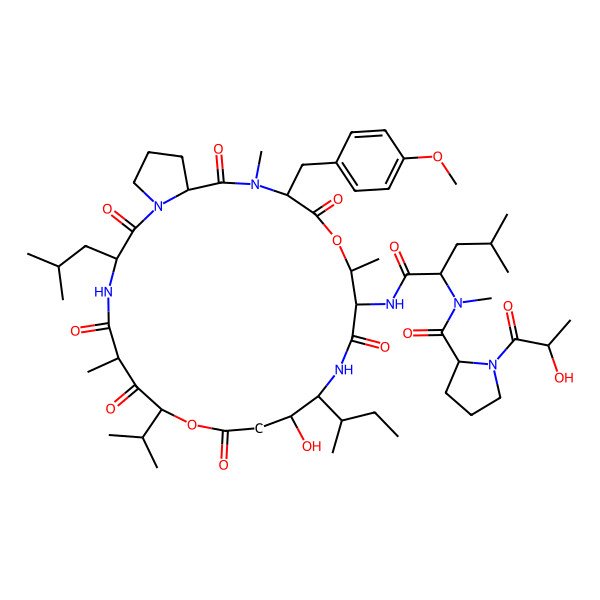 2D Structure of (2S)-N-[(2R)-1-[[(3S,6S,8S,12S,13R,16S,17R,20S,23S)-13-[(2S)-butan-2-yl]-12-hydroxy-20-[(4-methoxyphenyl)methyl]-6,17,21-trimethyl-3-(2-methylpropyl)-2,5,7,10,15,19,22-heptaoxo-8-propan-2-yl-9,18-dioxa-1,4,14,21-tetrazabicyclo[21.3.0]hexacosan-16-yl]amino]-4-methyl-1-oxopentan-2-yl]-1-(2-hydroxypropanoyl)-N-methylpyrrolidine-2-carboxamide