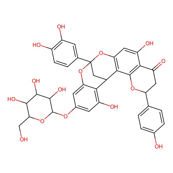 2D Structure of 8,14-Methano-4H,14H-1-benzopyrano(7,8-d)(1,3)benzodioxocin-4-one, 8-(3,4-dihydroxyphenyl)-11-(beta-D-glucopyranosyloxy)-2,3-dihydro-5,13-dihydroxy-2-(4-hydroxyphenyl)-, (2R,8R,14R)-