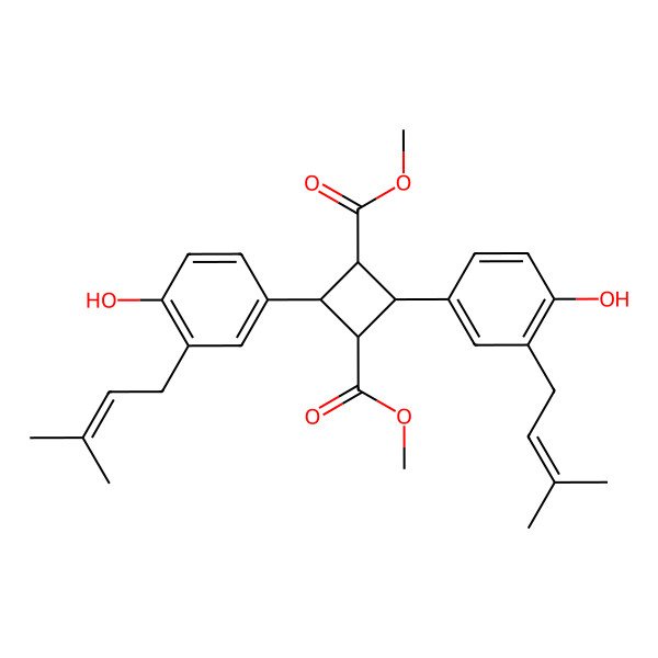 2D Structure of Dimethyl 2,4-bis[4-hydroxy-3-(3-methylbut-2-enyl)phenyl]cyclobutane-1,3-dicarboxylate