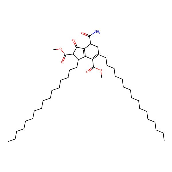 2D Structure of dimethyl (2R,3R)-7-carbamoyl-3,5-dihexadecyl-1-oxo-2,3,6,7-tetrahydroindene-2,4-dicarboxylate
