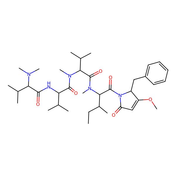 2D Structure of N-[1-[[1-(2-benzyl-3-methoxy-5-oxo-2H-pyrrol-1-yl)-3-methyl-1-oxopentan-2-yl]-methylamino]-3-methyl-1-oxobutan-2-yl]-2-[[2-(dimethylamino)-3-methylbutanoyl]amino]-N,3-dimethylbutanamide
