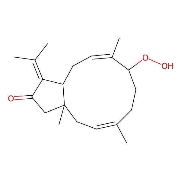 2D Structure of (3aR,5E,9R,10E,12aS)-9-hydroperoxy-3a,6,10-trimethyl-1-propan-2-ylidene-4,7,8,9,12,12a-hexahydro-3H-cyclopenta[11]annulen-2-one