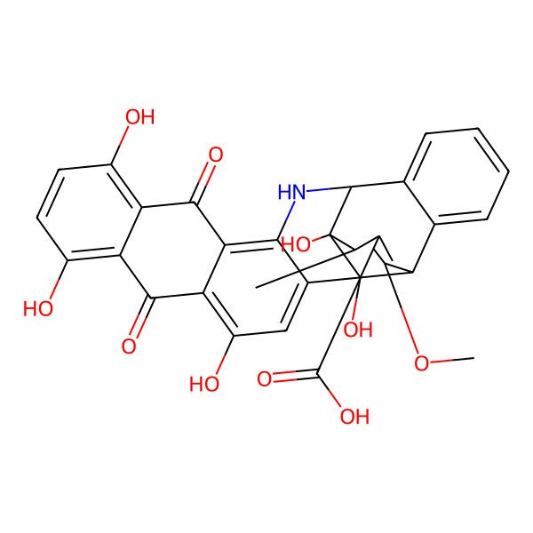 2D Structure of 2,3,20,23,27-Pentahydroxy-6-methoxy-4-methyl-18,25-dioxo-15-azaheptacyclo[14.12.0.02,7.03,14.08,13.017,26.019,24]octacosa-1(28),5,8,10,12,16,19,21,23,26-decaene-5-carboxylic acid